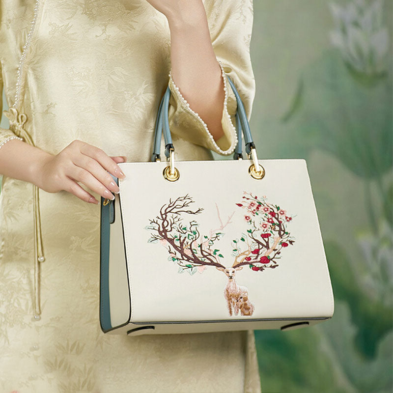 Embroidery Leather Tote Crossbody Bag Tricolor Deer-Tote Bag-SinoCultural-SinoCultural