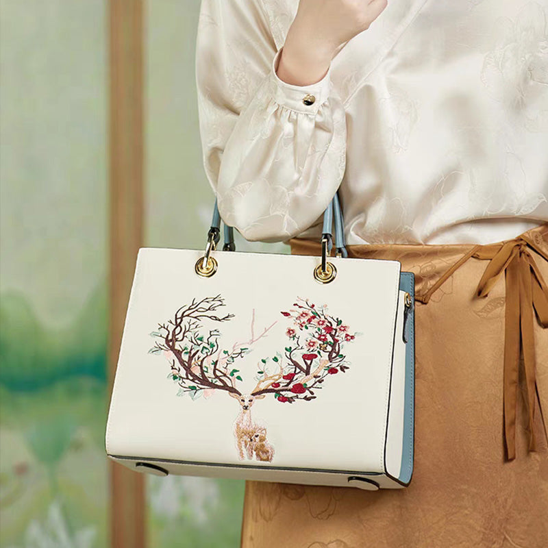 Embroidery Leather Tote Crossbody Bag Tricolor Deer-Tote Bag-SinoCultural-SinoCultural