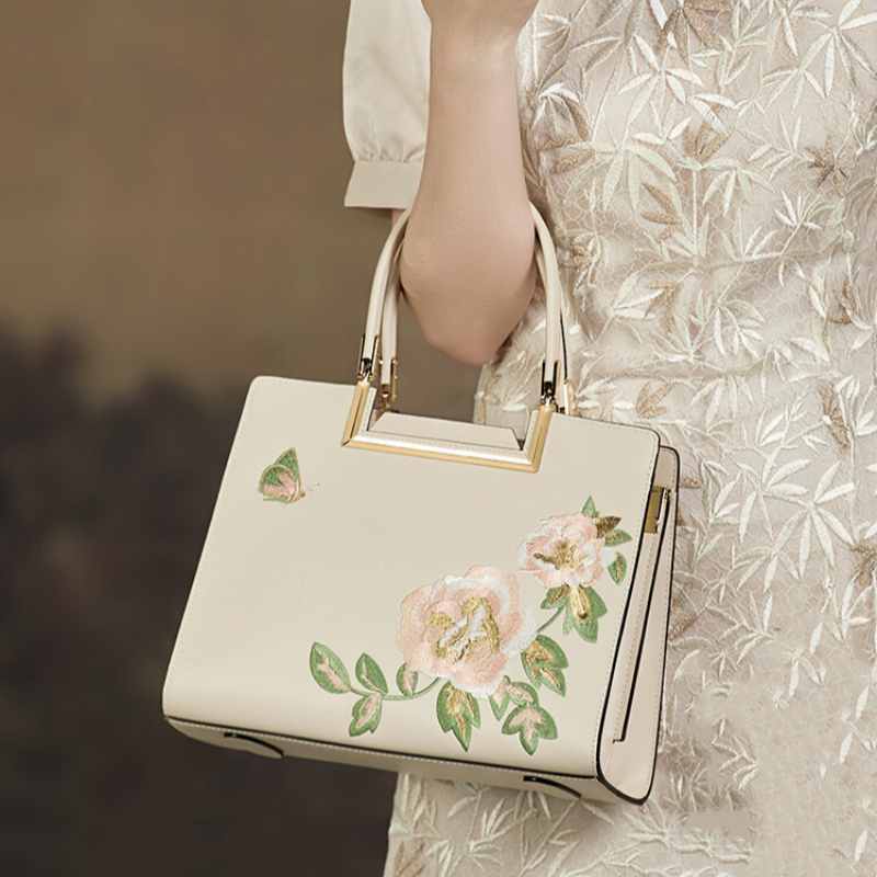 Embroidery Leather Peony Tote Handbag-Tote Bag-SinoCultural-SinoCultural