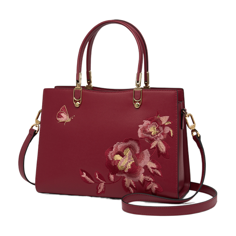 Embroidery Leather Tote Handbag Prosperous Peony - SinoCultural