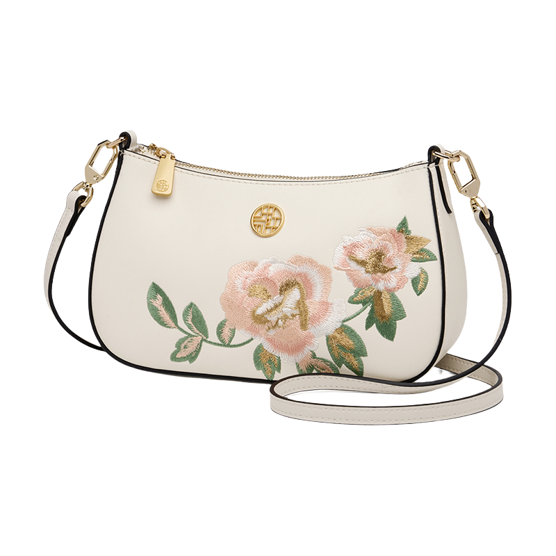 Embroidery Leather Peony Single Shoulder Hobo Bag - SinoCultural