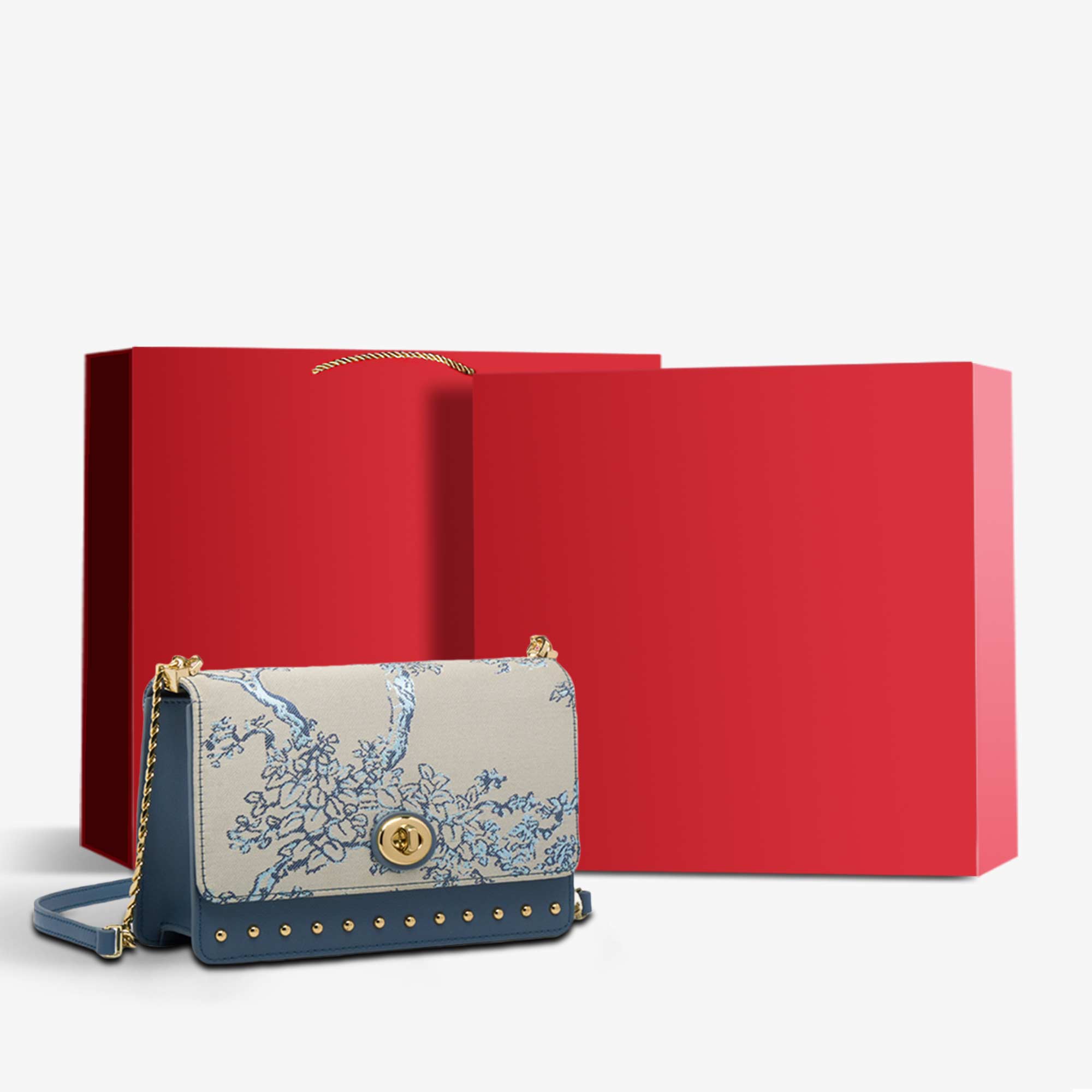 Embroidery Leather Chain Strap Shoulder Handbag Sacred Tree-Shoulder Bag-SinoCultural-Blue-Bag with Gift Box-SC1628-A1-g-SinoCultural