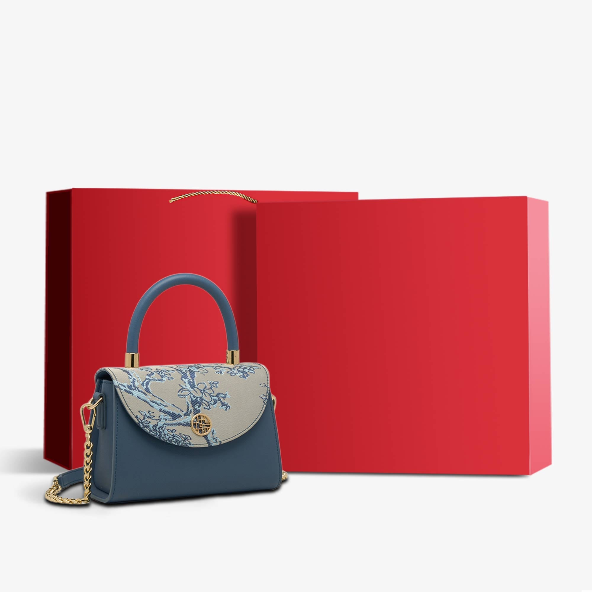 Embroidery Leather Shoulder Handbag Luxury Jacquard-Shoulder Bag-SinoCultural-Blue-Bag with Gift Box-SC1630-D2-g-SinoCultural