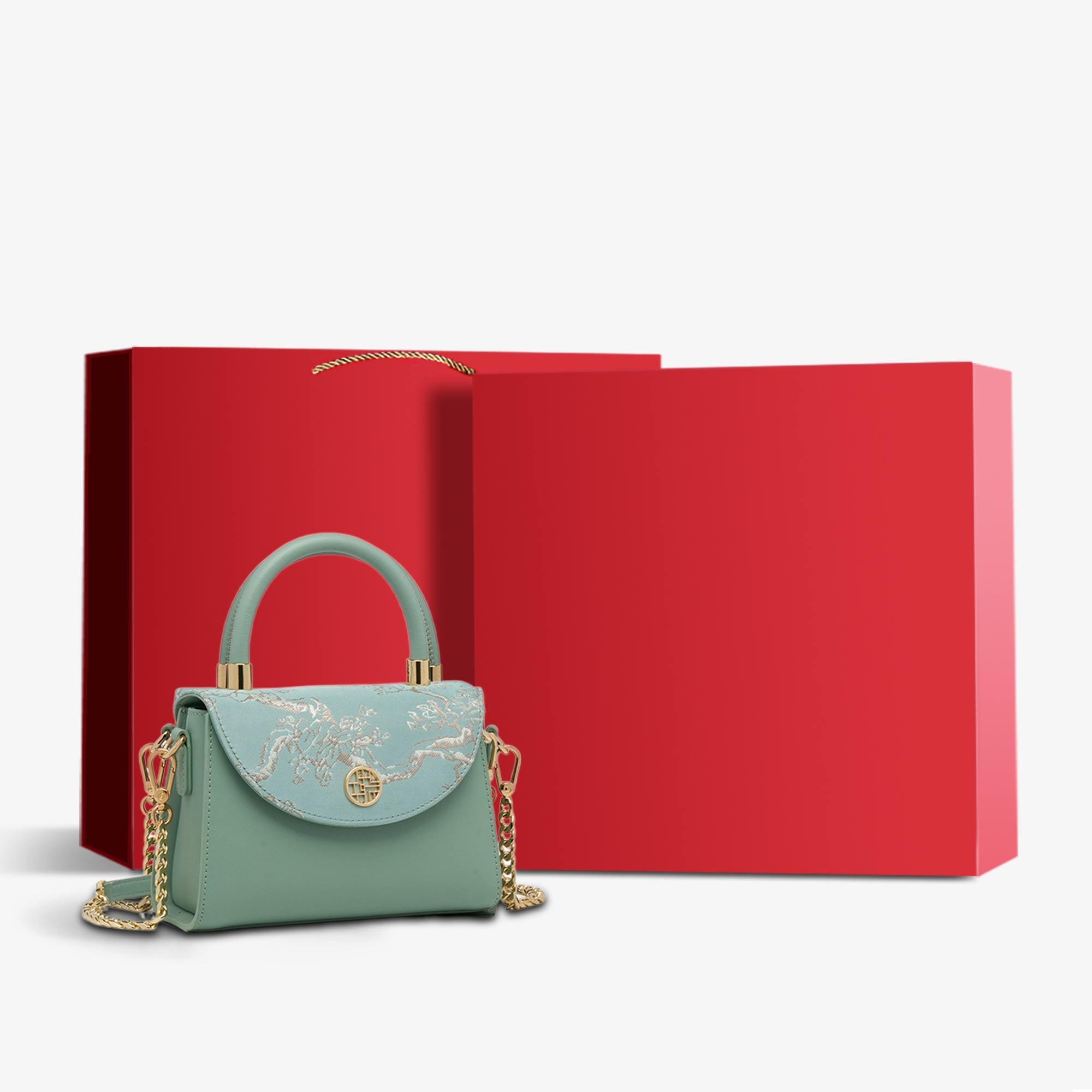Embroidery Leather Shoulder Handbag Luxury Jacquard-Shoulder Bag-SinoCultural-Green-Bag with Gift Box-SC1630-D1-g-SinoCultural