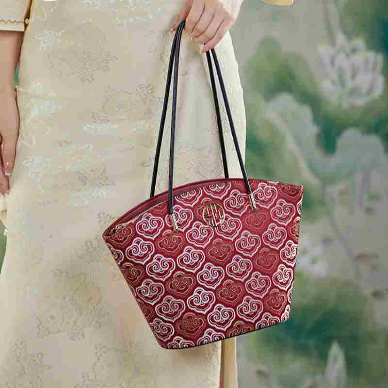 Embroidery Genuine Leather Single Shoulder Tote Bag-Shoulder Bag-SinoCultural-SinoCultural