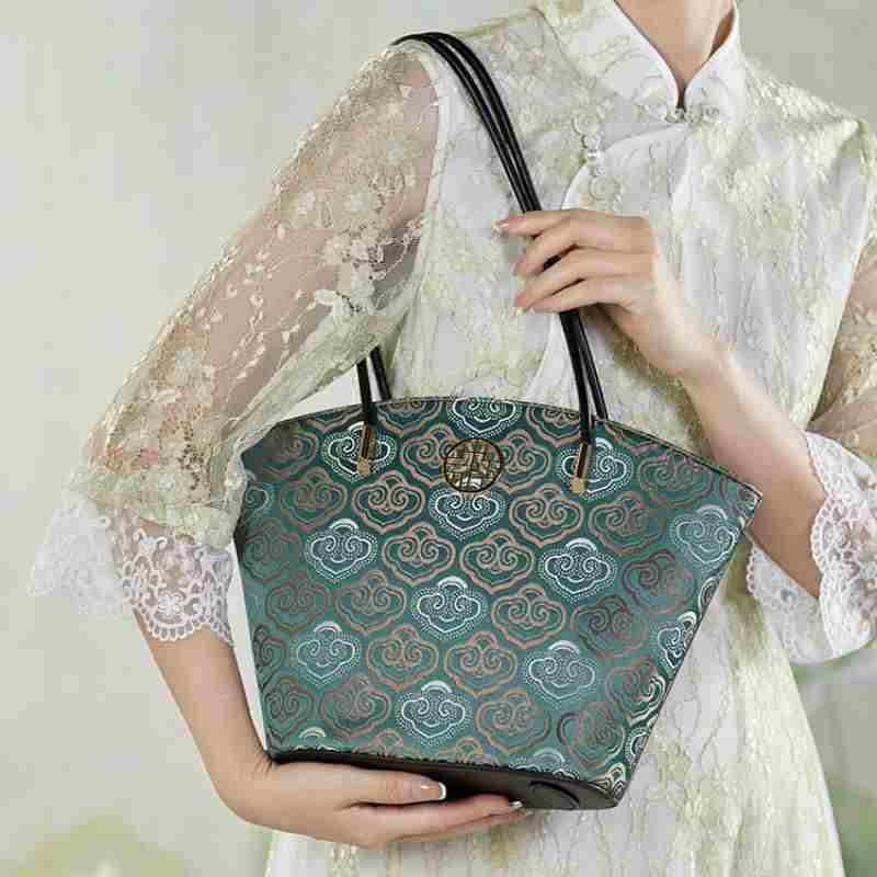 Embroidery Genuine Leather Single Shoulder Tote Bag-Shoulder Bag-SinoCultural-SinoCultural