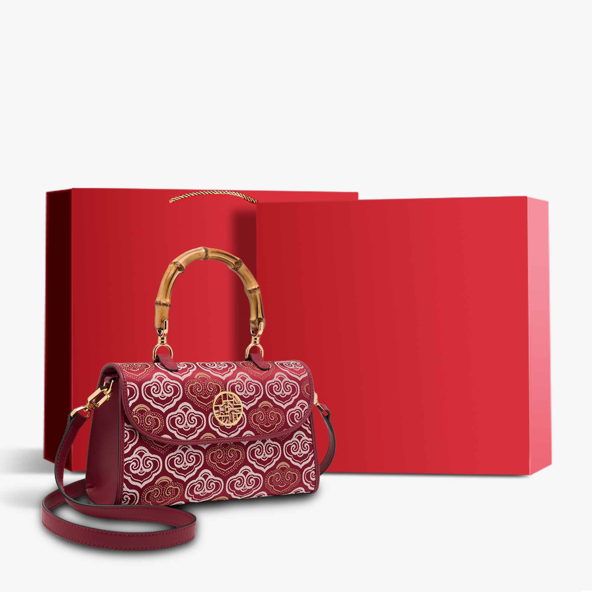 Embroidery Leather Handbag Zhuang Brocade Bamboo Handle-Handbag-SinoCultural-Red-Bag with Gift Box-SC1686-G2-g-SinoCultural