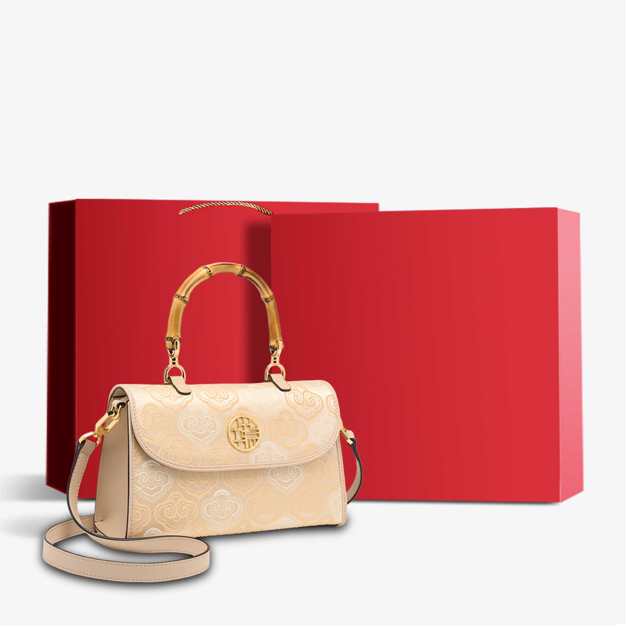 Embroidery Leather Handbag Zhuang Brocade Bamboo Handle-Handbag-SinoCultural-Apricot-Bag with Gift Box-SC1686-G3-g-SinoCultural