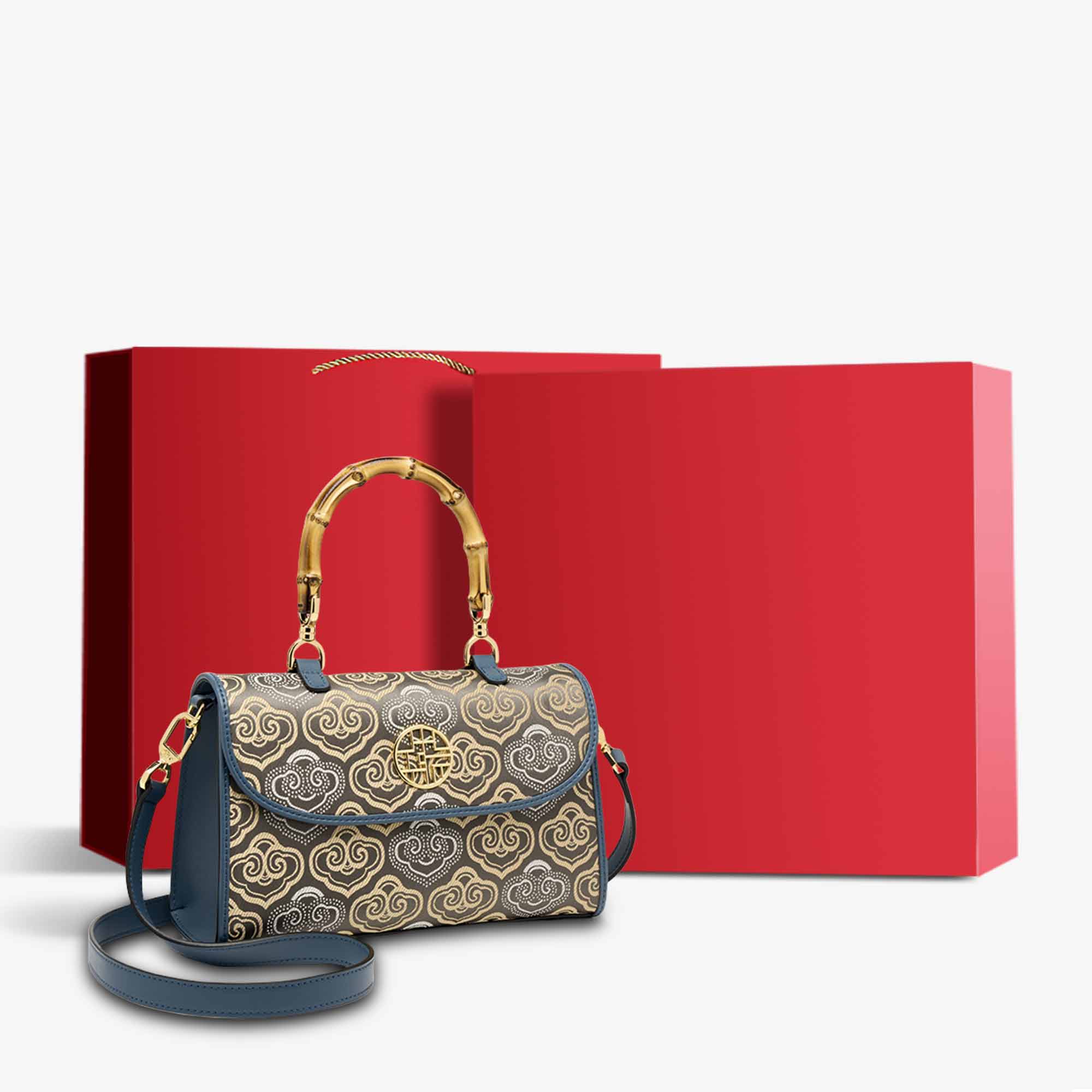 Embroidery Leather Handbag Zhuang Brocade Bamboo Handle-Handbag-SinoCultural-Blue-Bag with Gift Box-SC1686-G4-g-SinoCultural