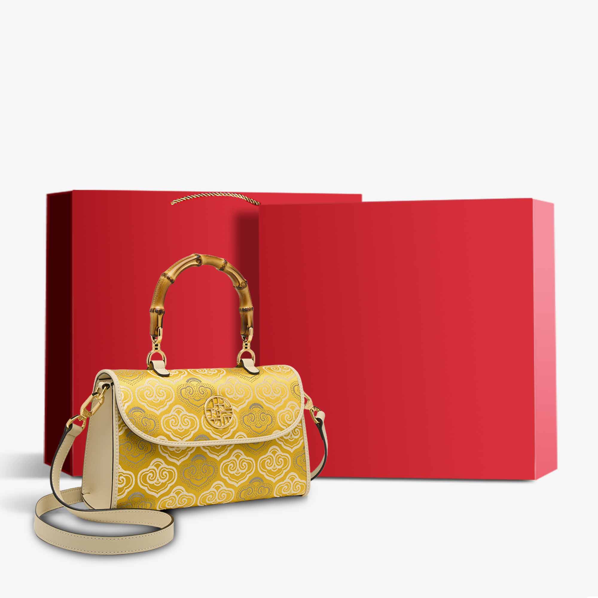 Embroidery Leather Handbag Zhuang Brocade Bamboo Handle-Handbag-SinoCultural-Yellow-Bag with Gift Box-SC1686-G5-g-SinoCultural
