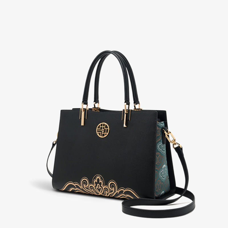 Embroidery Leather Crossbody Tote Bag Traditional Ethnic Style-Tote Bag-SinoCultural-Black-Single Bag-SC1709-D1-SinoCultural