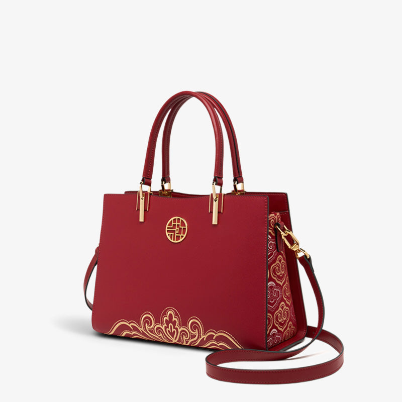 Embroidery Leather Crossbody Tote Bag Traditional Ethnic Style-Tote Bag-SinoCultural-Red-Single Bag-SC1709-D4-SinoCultural