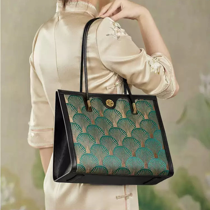 Embroidery Leather Elegant Single Shoulder Tote Bag with a Pocket - SinoCultural