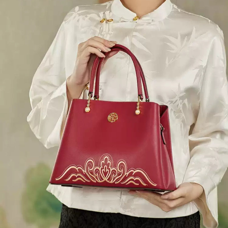 Embroidery Genuine Leather Elegant Crossbody Bag - SinoCultural