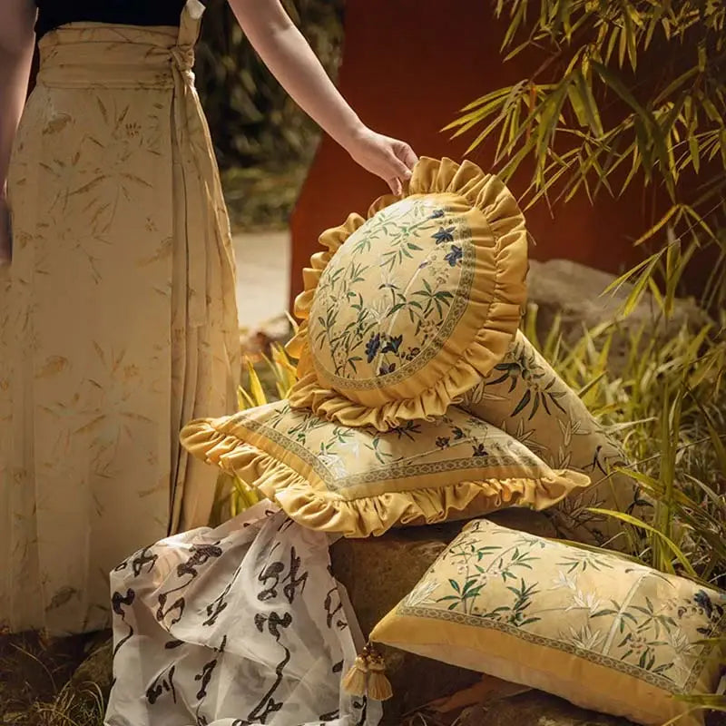 Chinoiserie Vintage Yellow Throw Pillow Autumn Bamboo Blossom