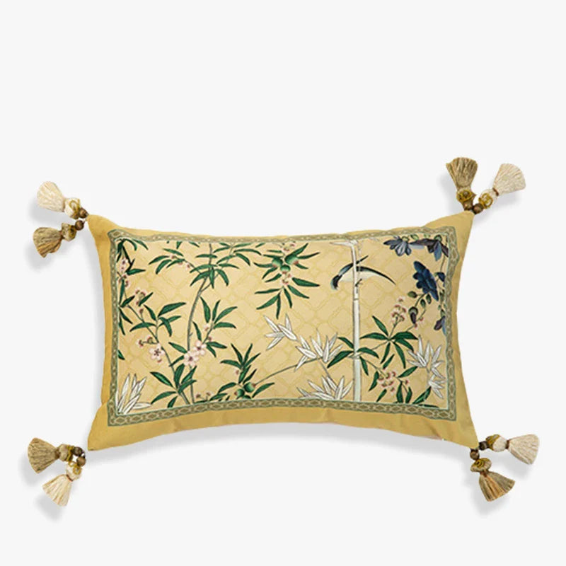 Chinoiserie Vintage Yellow Throw Pillow Autumn Bamboo Blossom