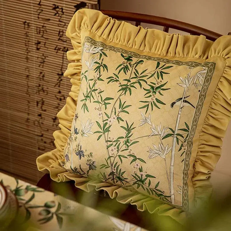 Chinoiserie Vintage Yellow Throw Pillow Autumn Bamboo Blossom