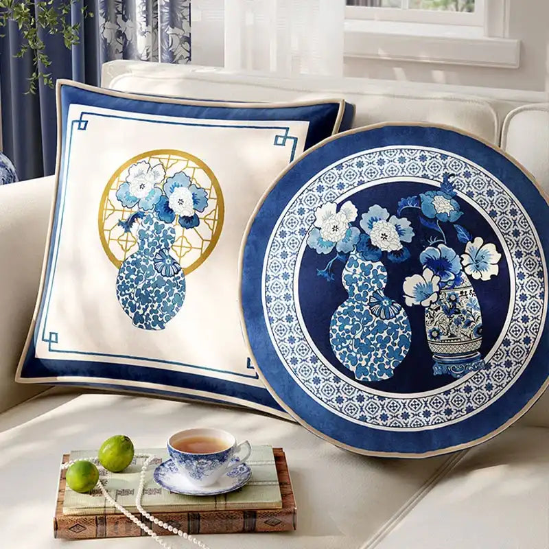 Chinoiserie Blue and White Sofa Throw Pillow Floral Serenade