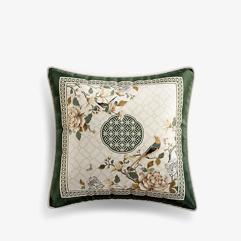 Chinoiserie Flower and Bird Elegance Pillow Cushion Emerald Spring Elegance