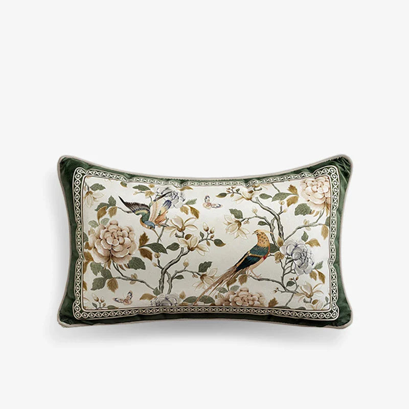 Chinoiserie Flower and Bird Elegance Pillow Cushion Emerald Spring Elegance