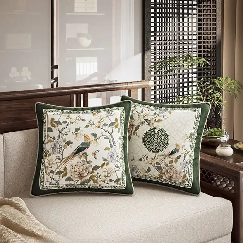 Chinoiserie Flower and Bird Elegance Pillow Cushion Emerald Spring Elegance