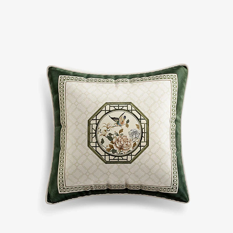 Chinoiserie Flower and Bird Elegance Pillow Cushion Emerald Spring Elegance