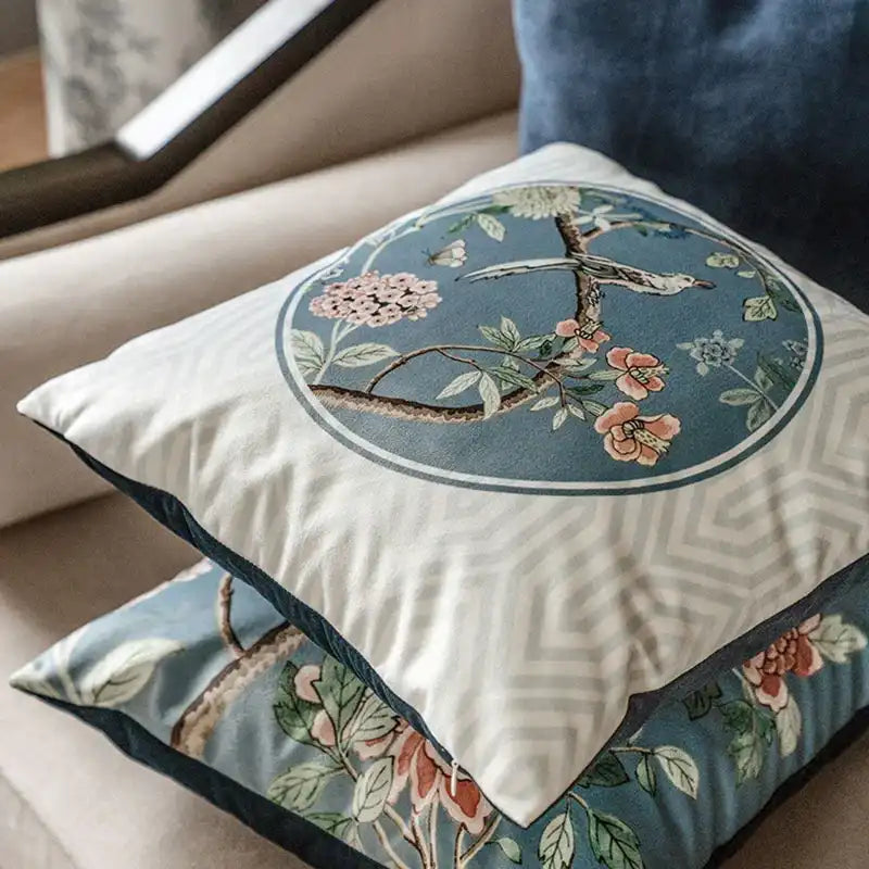 Chinoiserie Original Vintage Flower and Bird Throw Pillow Blue and White