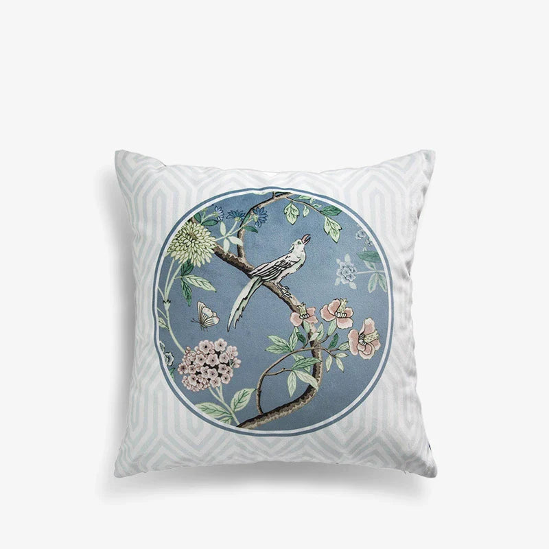 Chinoiserie Original Vintage Flower and Bird Throw Pillow Blue and White