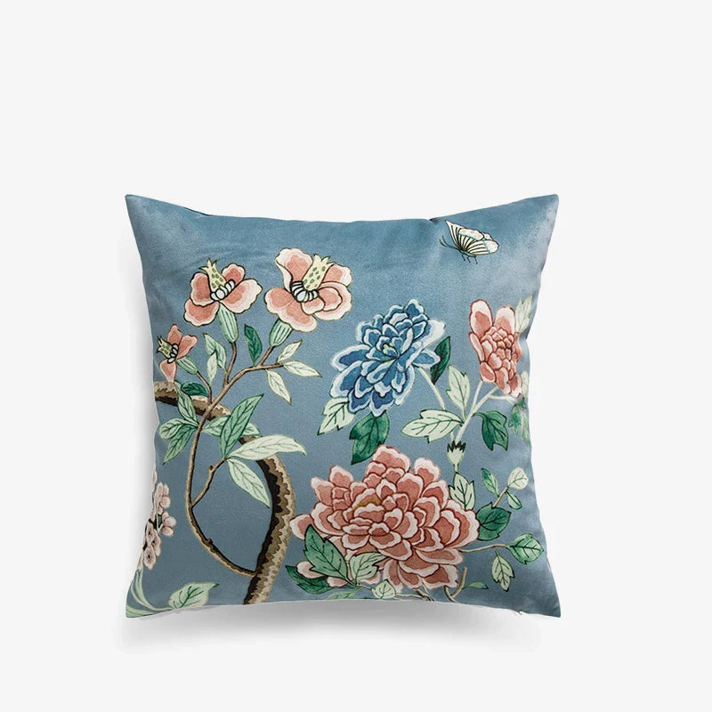 Chinoiserie Original Vintage Flower and Bird Throw Pillow Blue and White