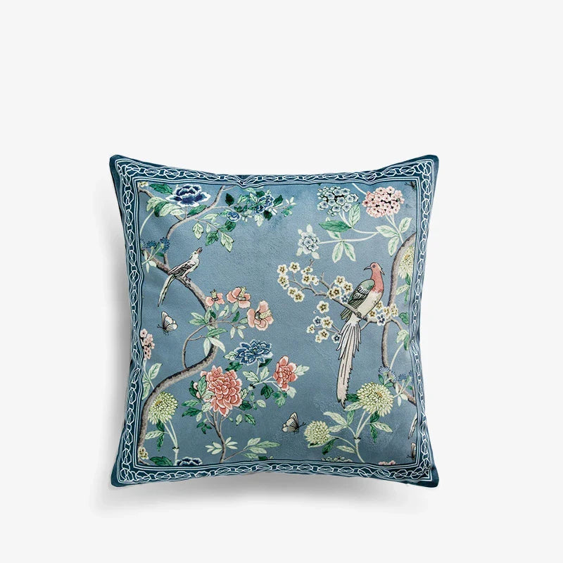 Chinoiserie Original Vintage Flower and Bird Throw Pillow Blue and White