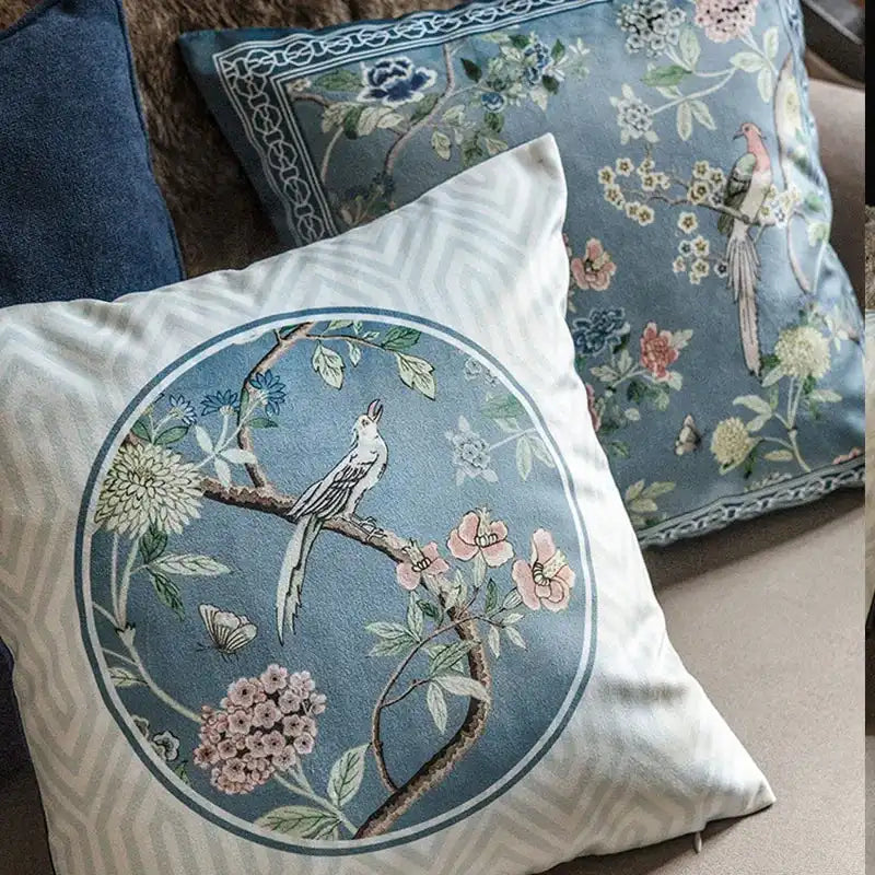 Chinoiserie Original Vintage Flower and Bird Throw Pillow Blue and White