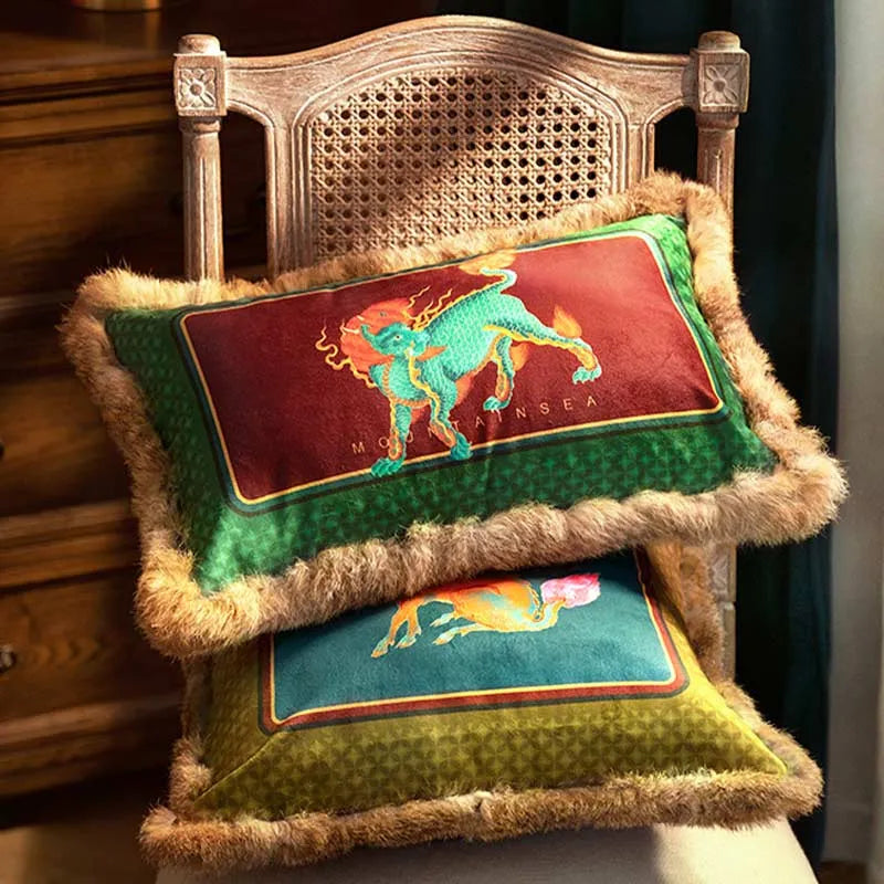 Chinoiserie Plush Fabric Throw Pillows Qilin Inspired Mythical Chinese Decor