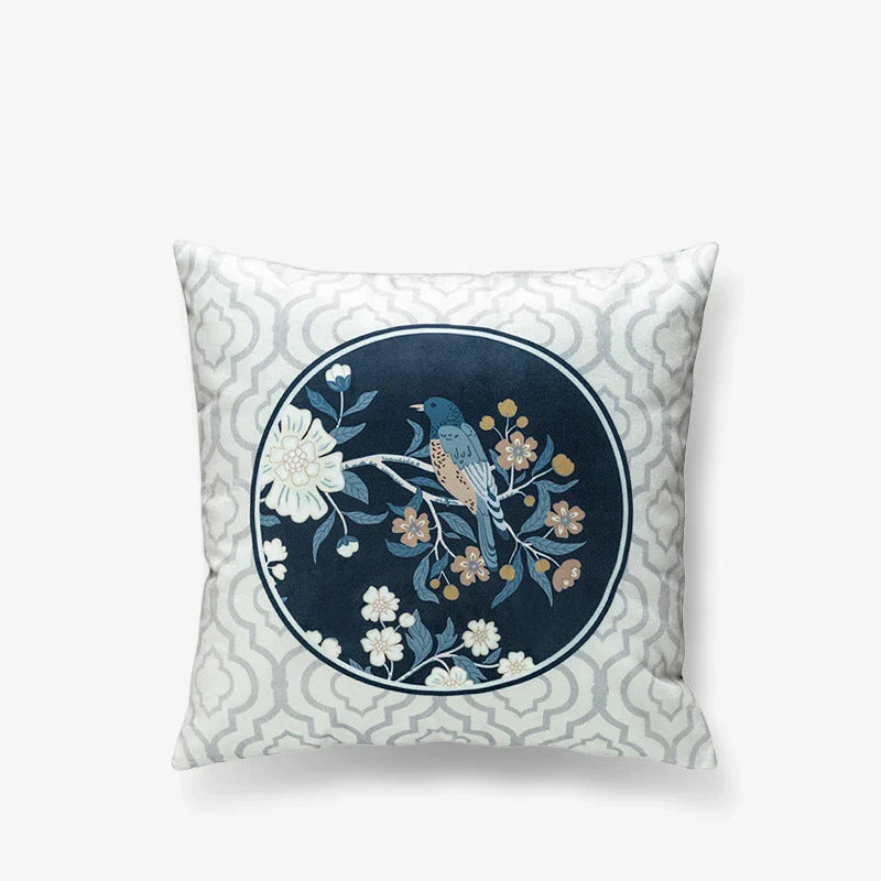 Chinoiserie Original Flowers and Birds Throw Pillow Blue and White