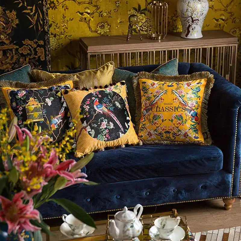 Chinoiserie Yellow Retro Flowers and Birds Throw Pillow