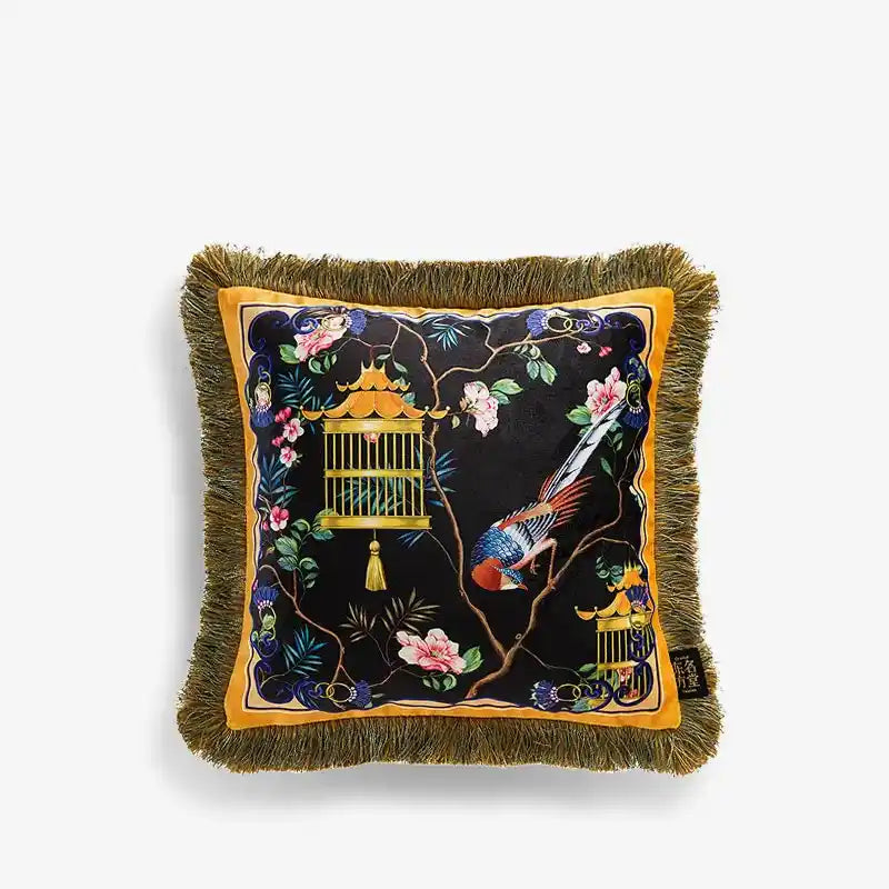 Chinoiserie Yellow Retro Flowers and Birds Throw Pillow