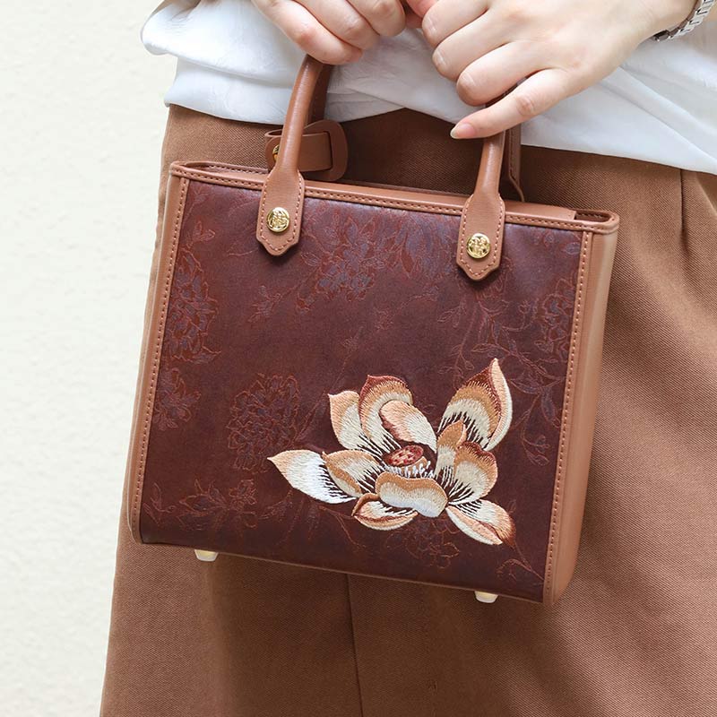 Embroidery Fragrant Cloud Silk Tote Bag Hibiscus Elegant  Brown Handbag