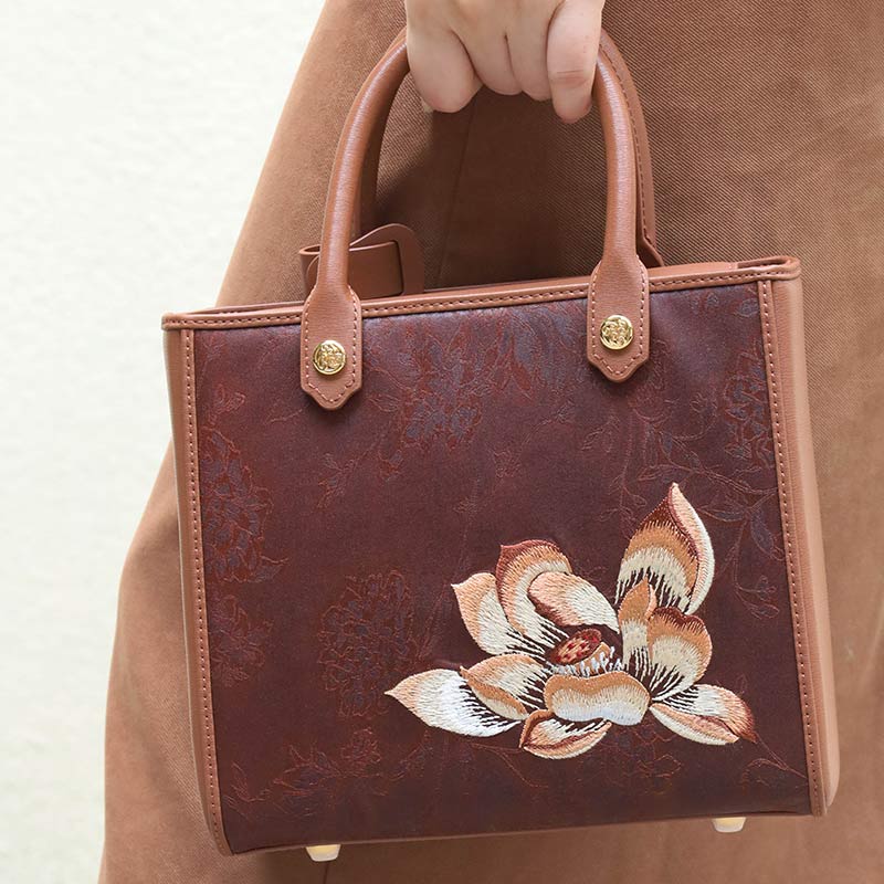 Embroidery Fragrant Cloud Silk Tote Bag Hibiscus Elegant  Brown Handbag