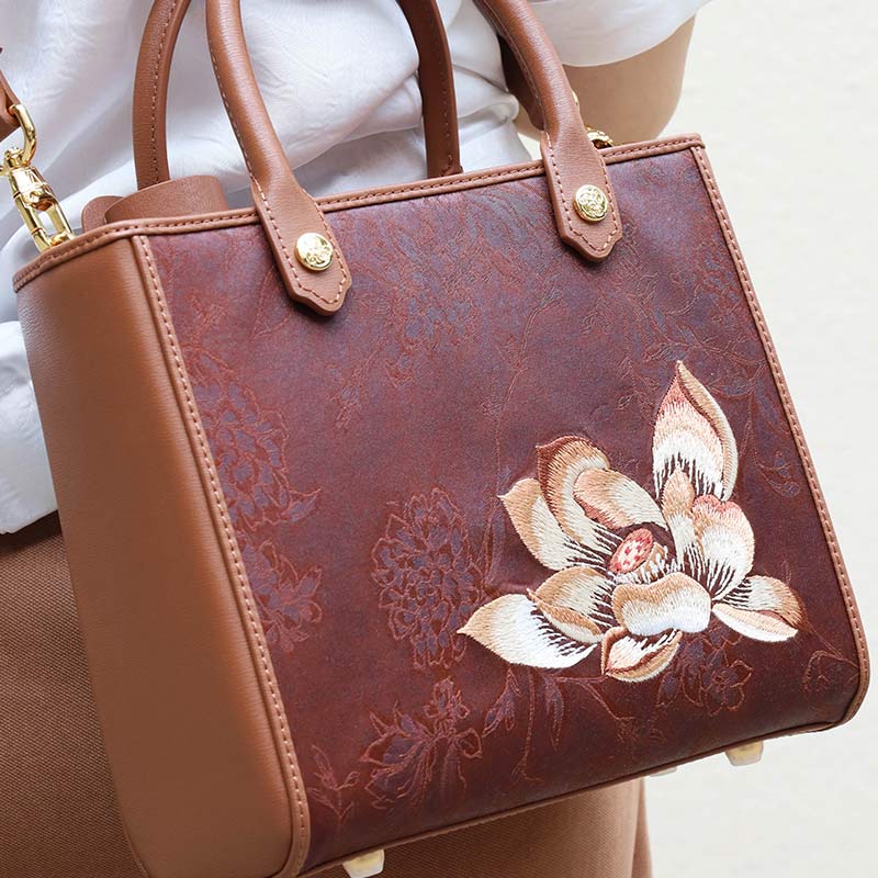 Embroidery Fragrant Cloud Silk Tote Bag Hibiscus Elegant  Brown Handbag