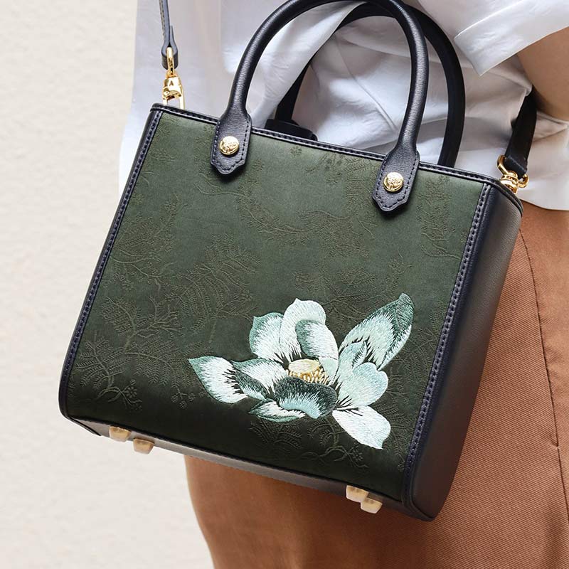 Embroidery Fragrant Cloud Silk Tote Bag Hibiscus Elegant  Green Handbag