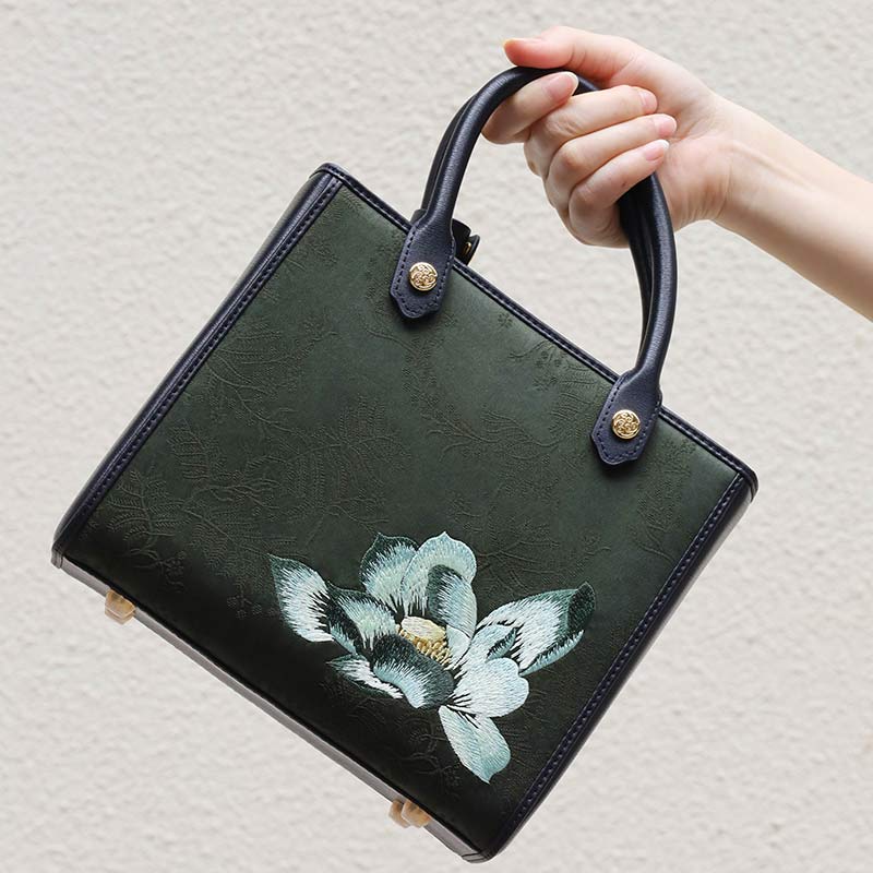 Embroidery Fragrant Cloud Silk Tote Bag Hibiscus Elegant  Green Handbag