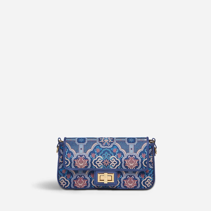 Song Brocade Leather Mulberry Silk Blue Shoulder Evening Bag - SinoCultural