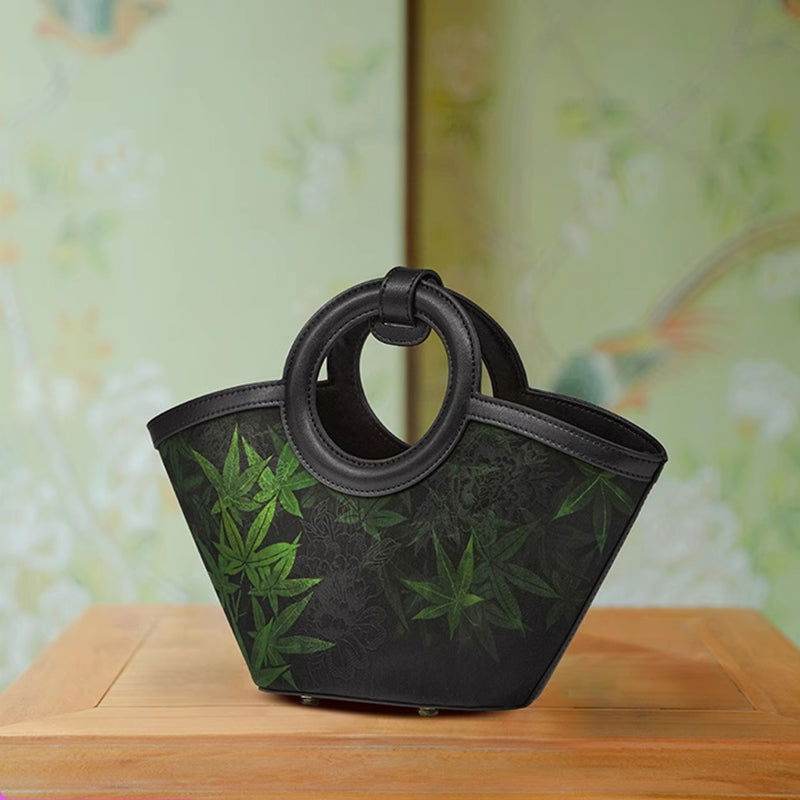 Xiangyunsha Silk Black Maple Leaves Basket Bag - SinoCultural -- P120497 - 