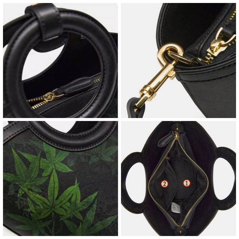 Xiangyunsha Silk Black Maple Leaves Basket Bag - SinoCultural -- P120497 - 