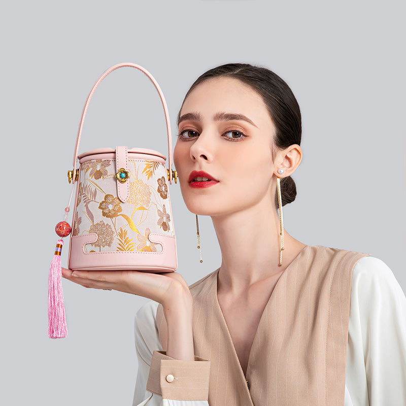 Song Brocade Fragrant Cloud Silk Powder Pink Bucket Bag - SinoCultural -- KM-0216-M3 - 