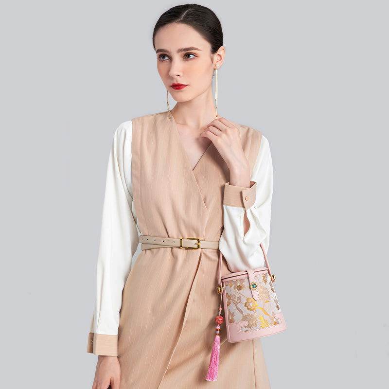Song Brocade Fragrant Cloud Silk Powder Pink Bucket Bag - SinoCultural -- KM-0216-M3 - 