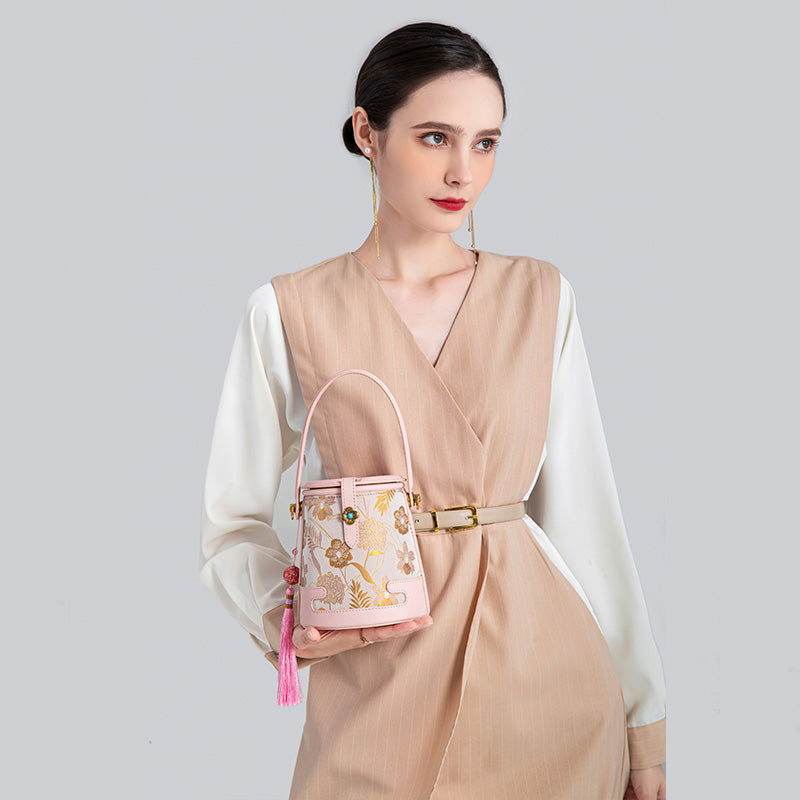 Song Brocade Fragrant Cloud Silk Powder Pink Bucket Bag - SinoCultural -- KM-0216-M3 - 