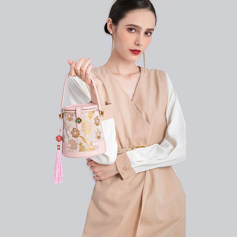 Song Brocade Fragrant Cloud Silk Powder Pink Bucket Bag - SinoCultural -- KM-0216-M3 - 