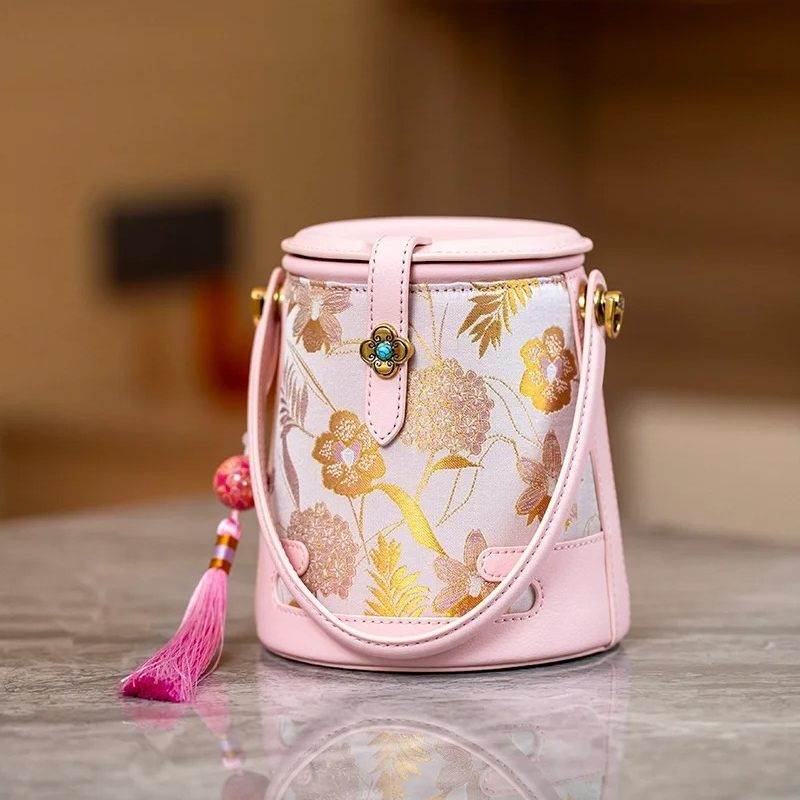 Song Brocade Fragrant Cloud Silk Powder Pink Bucket Bag - SinoCultural -- KM-0216-M3 - 