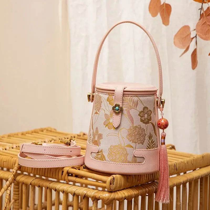 Song Brocade Fragrant Cloud Silk Powder Pink Bucket Bag - SinoCultural -- KM-0216-M3 - 