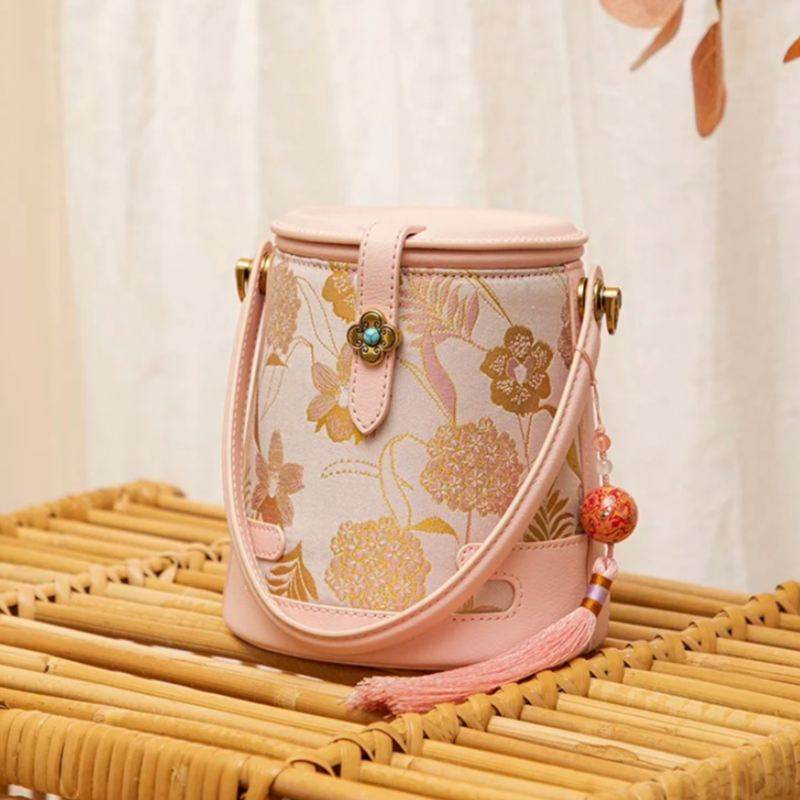 Song Brocade Fragrant Cloud Silk Powder Pink Bucket Bag - SinoCultural -- KM-0216-M3 - 